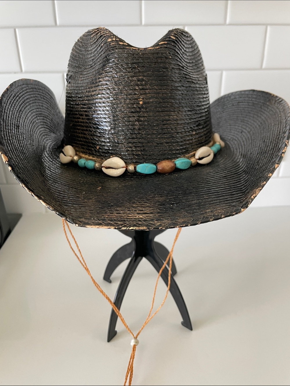 Black Straw Cowboy Hat Distressed with Turquoise & Shell Bead Trim